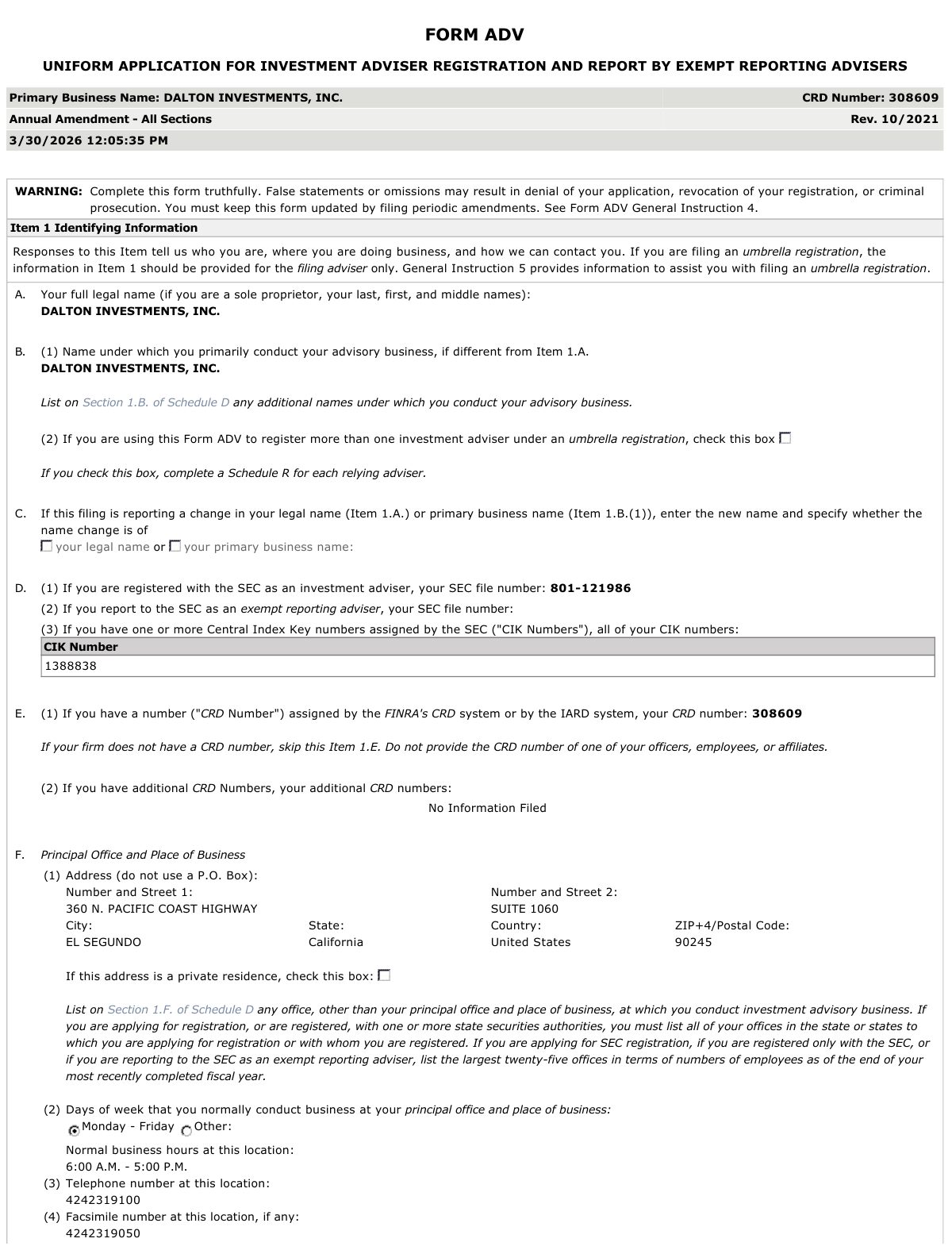 First page of Dalton Investments, Inc. Form ADV